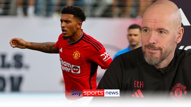 EAST RUTHERFORD, NJ - JULY 22: Jadon Sancho #25 of Manchester United during the Champions Tour soccer game against Arsenal on July 22, 2023 at MetLife Stadium in East Rutherford, New Jersey.