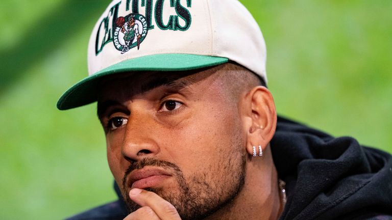 Australia&#39;s Nick Kyrgios gestures during a pre-tournament press conference, at the All England Lawn Tennis and Croquet Club, in Wimbledon, south west London, Sunday July 2, 2023, ahead of the Wimbledon tennis championships. (Florian Eisele/Pool Photo via AP)