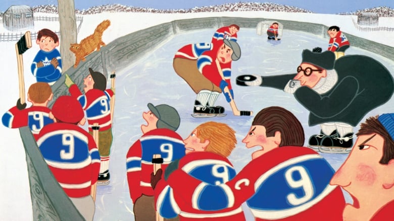 An illustration of young boys on an outdoor ice rink, all wearing Montreal Canadiens jerseys with the number 9 on the back, glaring a lone boy in a Toronto Maple Leafs jersey.