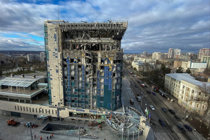 The heavily damaged Kharkiv Palace hotel