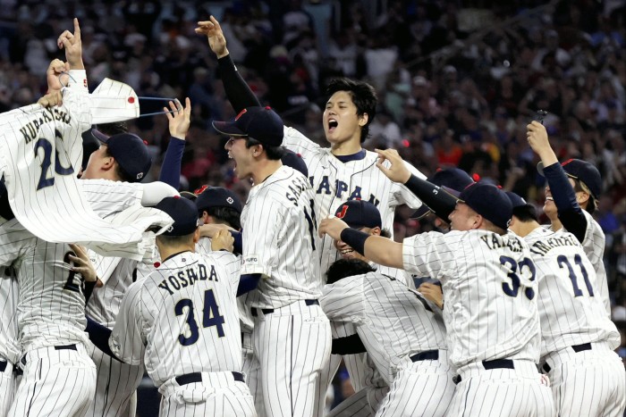 Shohei Ohtani celebrates after Japan wins the World Baseball Classic final in March