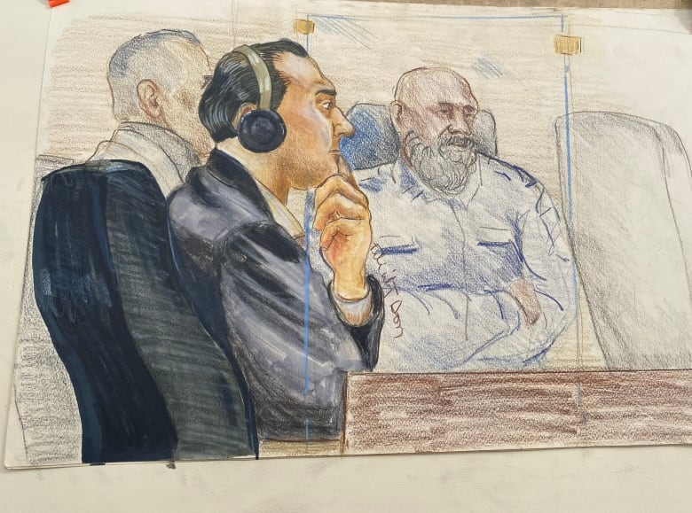 An artist's courtroom sketch of a man in a dark suit wearing headphones, holding his hand to his chin.