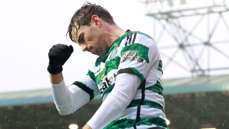 Matt O&#39;Riley celebrates after scoring Celtic&#39;s opening goal at Kilmarnock