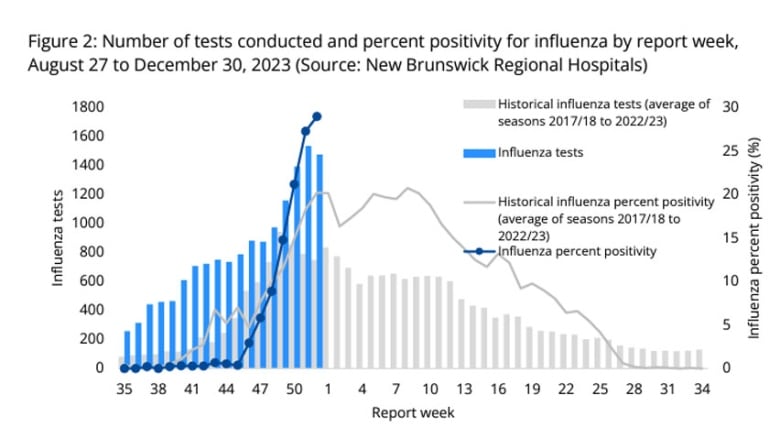 A graphic illustrating the number of influenza tests by week this season with royal blue bars, compared to historical average for the seasons 2017-18 to 2022-23 with grey bars, and the positivity rate in a navy line, compared to the historical average in a grey line. 