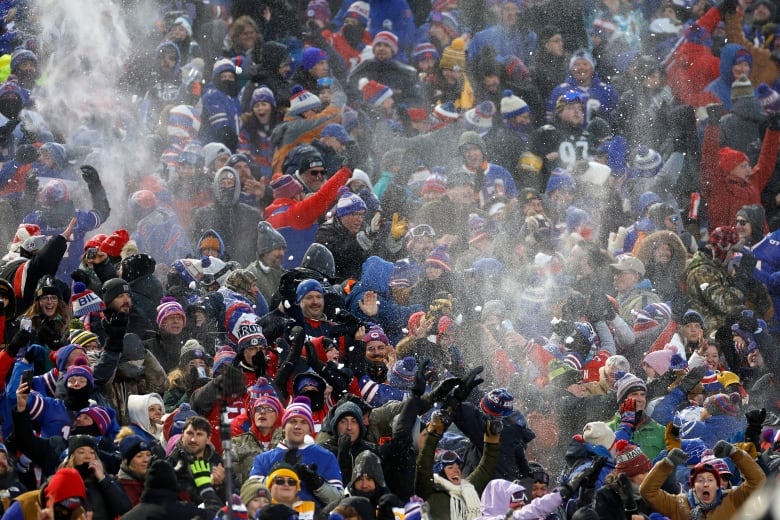 A crowd of fans in a stadium toss snow in the air.