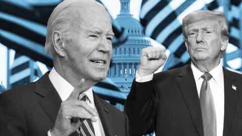 Black and white cutout of Joe Biden and one of Donald Trump with the Capitol building and US flag in the background.