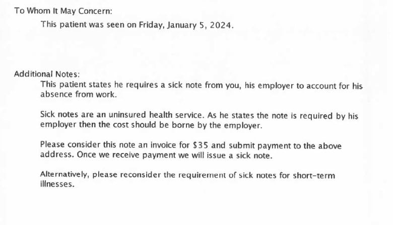 Part of a printed note written by a doctor requesting a patient's employer pay $35 for a sick note, and advising that the workplace end the need for sick notes for short-term illness.