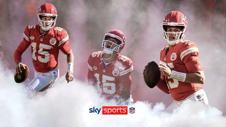 Kansas City Chiefs quarterback Patrick Mahomes is introduced before the start of an NFL football game against the Chicago Bears