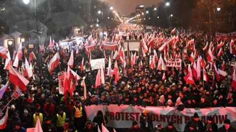 People protest during a demonstration organized by the opposition party Law and Justice