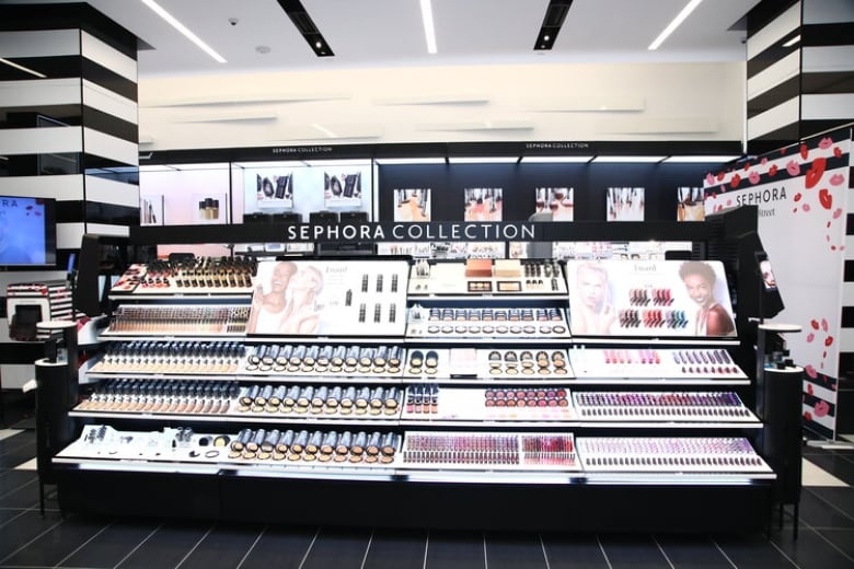 A display of makeup is pictured inside a Sephora store.