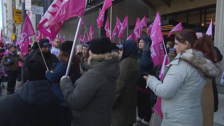 Health-care workers held demonstration in downtown Toronto on Tuesday, Feb. 6, 2024.