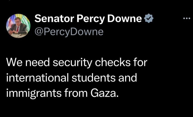 A post from Senator Percy Downe calling for security checks on international students and immigrants from Gaza.