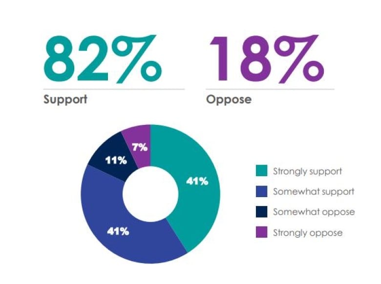 A pie graph about support for a question. 82% support it.