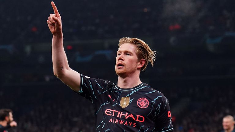 Kevin De Bruyne celebrates scoring Man City's opener at Copenhagen