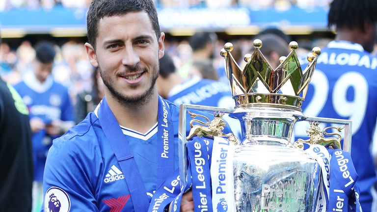 Eden Hazard celebrates with the Premier League trophy in 2017