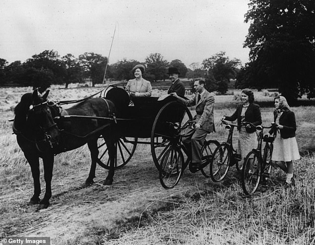 Elizabeth, Queen Consort, drives a pony and trap while husband King George and daughters Elizabeth and Margaret cycle alongside. The photograph is taken in August 1943