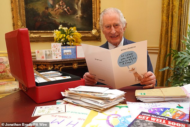 His Majesty appeared in good spirits as he read correspondence from the public which had been placed in his red box for him to peruse