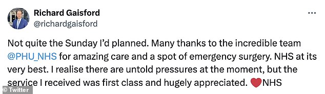 Richard took to social media from his hospital bed to praise the 'amazing' NHS staff for 'first class' care