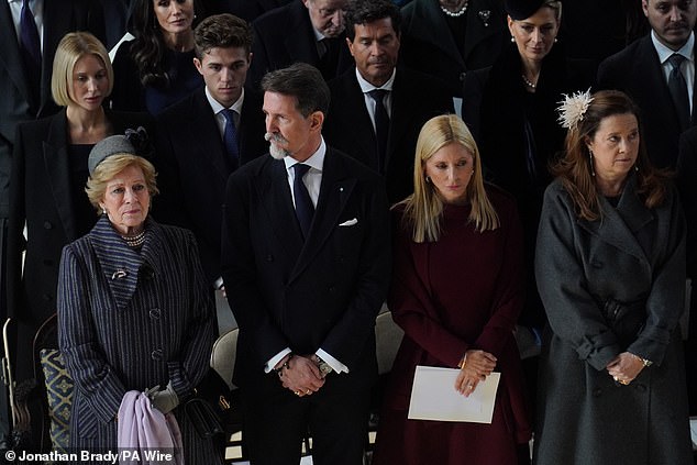 (left to right) Queen Anne-Marie of the Hellenes, Crown Prince Pavlos of Greece, Crown Princess Marie-Chantal of Greece and Princess Alexia of Greece attend the service today