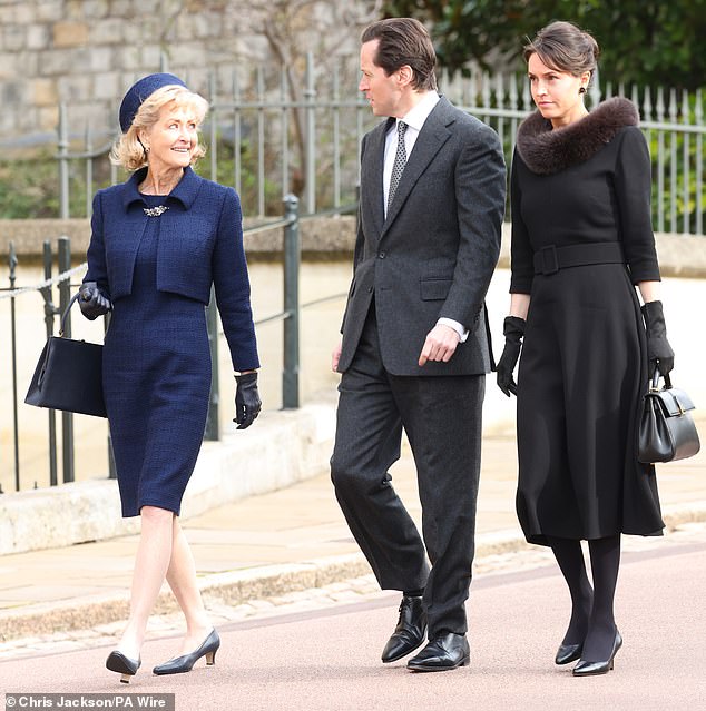 Penelope Knatchbull, Countess Mountbatten of Burma, Thomas Hooper and Lady Alexandra Hooper arrive at St George's Chapel today for the thanksgiving service for King Constantine