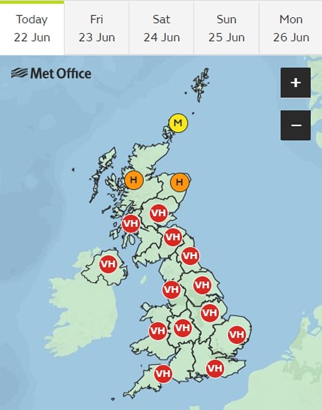 The Met Office has not yet launched its annual pollen count monitoring forecast, blaming it on being too early. Pictured, the Met Office forecast on June 22, 2023 which saw the agency issue a warning for 'very high' pollen levels