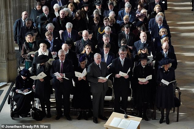 (front row, left to right) Princess Alexandra the Honourable Lady of Ogilvy, Marina Ogilvy, Prince Andrew, the Duchess of Gloucester, the Duke of Gloucester, Admiral Sir Timothy Laurence, the Princess Royal and Queen Camilla at St George's Chapel in Windsor yesterday