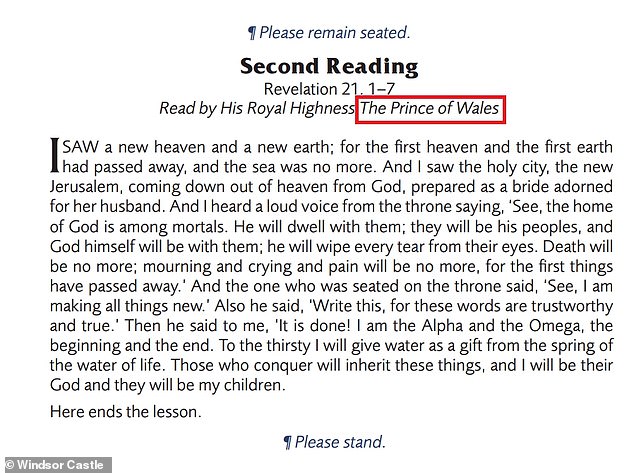 The order of service still has William's title on it (highlighted in red by MailOnline), as it was produced before he pulled out