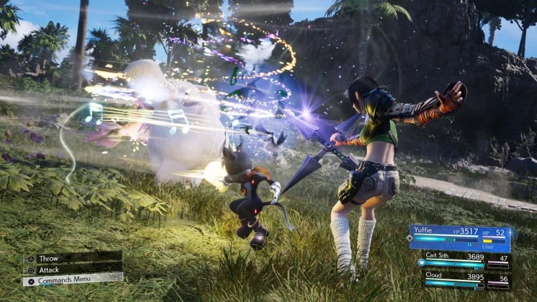 Video game screenshot of a young female ninja and an anthropomorphic black cat casting a magic spell together.