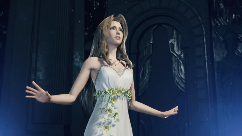 Video game screenshot of a young woman in a white dress singing on a theatre stage.