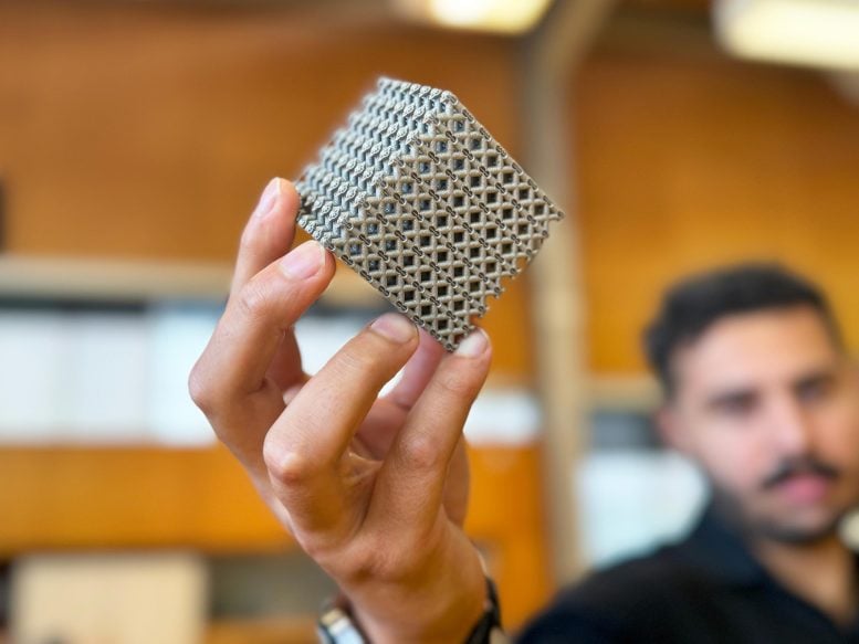 Jordan Noronha Holding Titanium Lattice Structure