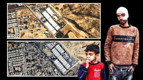 Montage of an injured man with a bandaged head stands next a child in Gaza along with a before and after picture of Rafah, following the influx of displaced people