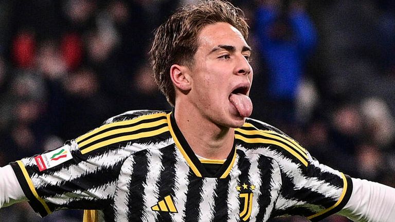 Juventus' Kenan Yildiz celebrates after scoring during the Italian Cup soccer match between Juventus and Salernitana at the Juventus Stadium in Turin, Italy, Thursday, Jan. 4, 2024. (Marco Alpozzi/dpa via AP)