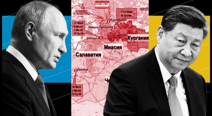 Montage of Putin and Xi with a map in the background