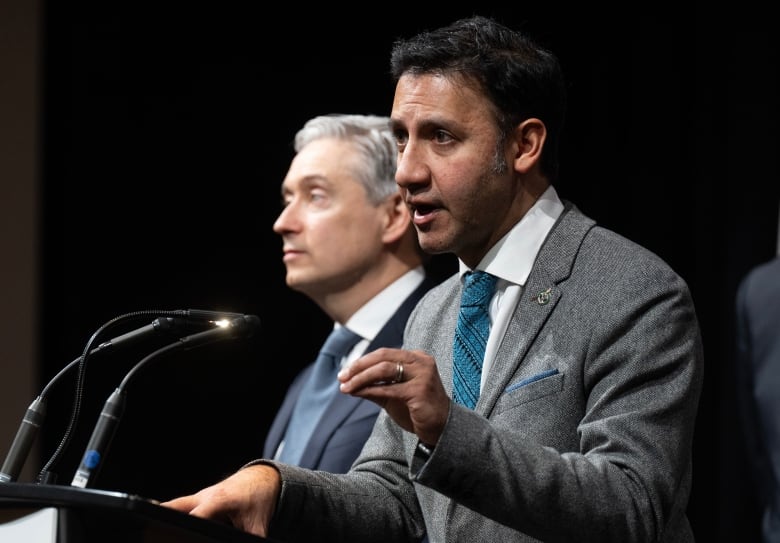 A man in a grey suit gestures with his hand as he speaks at a podium. Another man in a blue suit stands beside him.