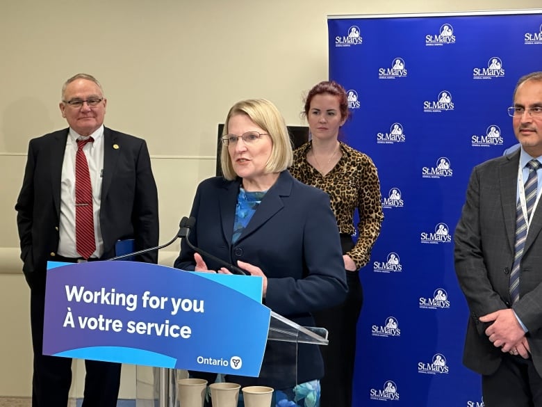 Ontario health minister Sylvia Jones, Dr. Jaffer Sayed and others at St. Mary’s General Hospital for a press conference on Tuesday.