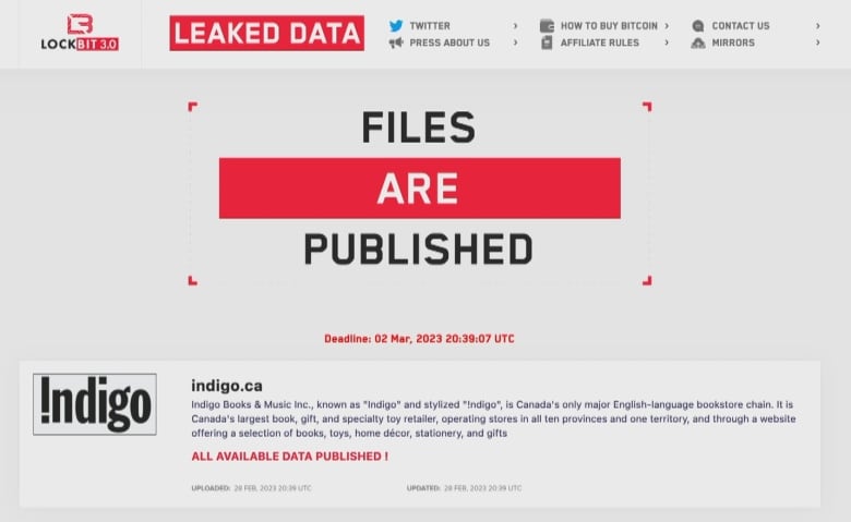 A screenshot of a web page shows LockBit 3.0 logos, the Indigo Books logo, and "Files are Published" but there are no links to download files.