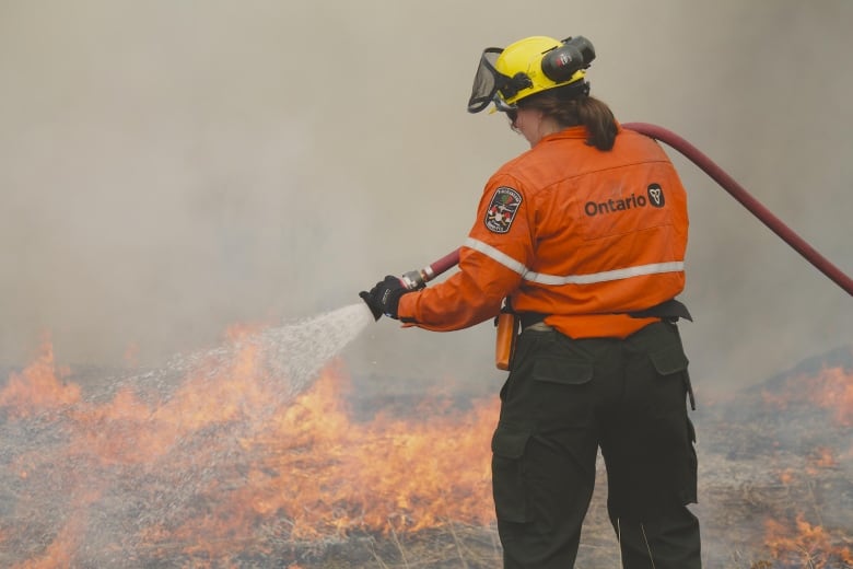 A woman working to extinguish a forest fire.