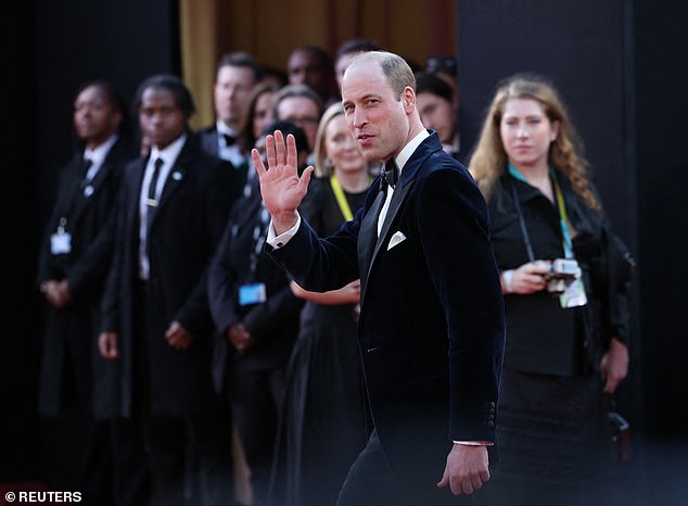 Prince William arrives alone at the Royal Festival Hall for the BAFTAs – as Kate continues to recover from surgery at home