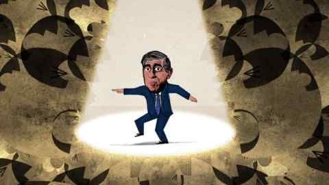 Illustration of Rishi Sunak caught in a spotlight with shouting faces in the shadows.