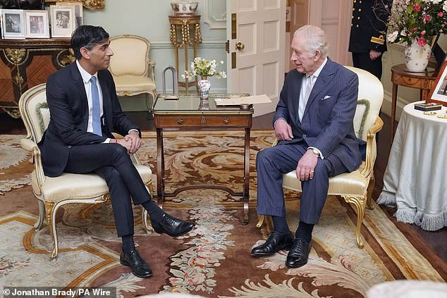 The King’s boost to the nation: Smiling Charles holds first face-to-face meeting with Prime Minister Rishi Sunak at Buckingham Palace since cancer diagnosis as he increases his workload after treatment