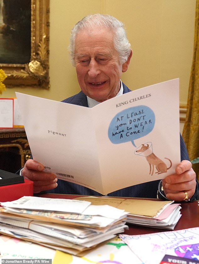 The cards that cheered up King Charles… and the ones that made him cry: Monarch is seen chuckling as he opens ‘wonderful’ messages from well-wishers following his cancer diagnosis