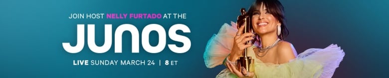 A designed graphic with turquoise background and the words "Join host Nelly Furtado at the Junos live Sunday, March 24, 8 p.m. ET" with a photo of Nelly holding a Juno.