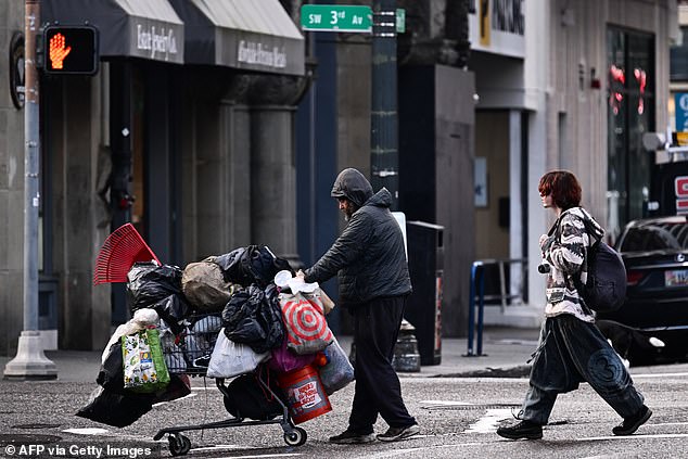 A bill recriminalizing the possession of small amounts of drugs was passed by the Oregon Legislature on Friday (pictured: A person pushes a cart along Southwest 3rd Avenue in Portland)