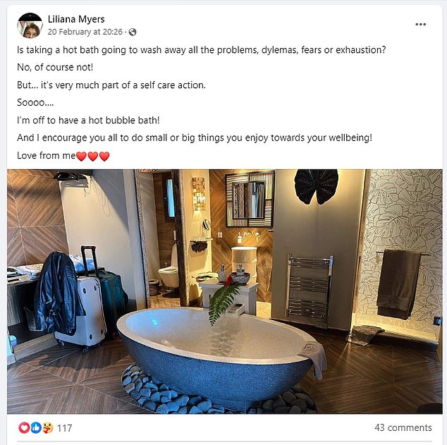 Posting a picture of a luxurious bathroom, she spoke of how important self care is when you are going through difficult times