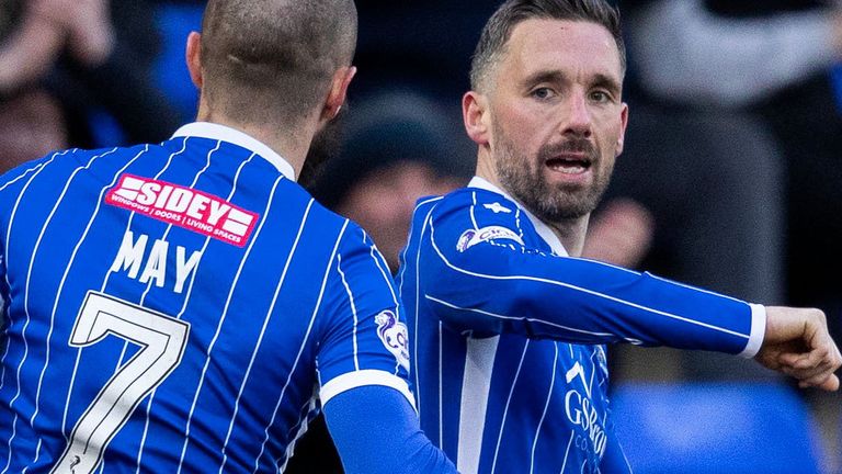 PERTH, SCOTLAND - MARCH 02: St Johnstone's Nicky Clark celebrates scoring to make it 1-1 with teammate Stevie May (L) during a cinch Premiership match between St Johnstone and Livingston at McDiarmid Park, on March 02, 2024, in Perth, Scotland. (Photo by Mark Scates / SNS Group)