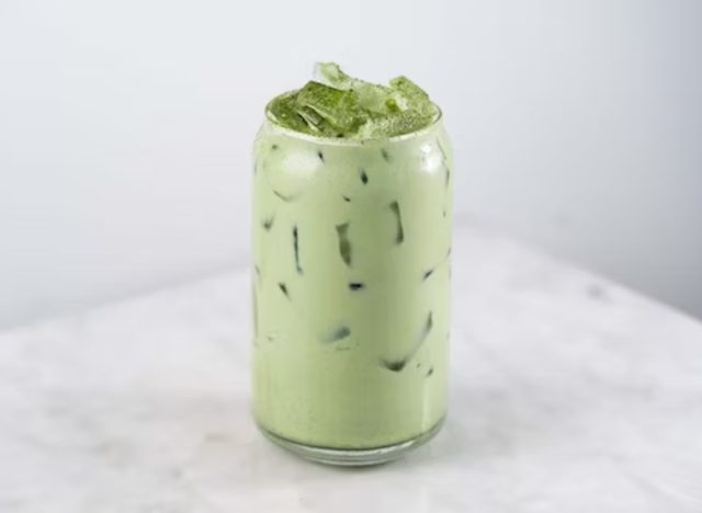 bluestone lane iced matcha latte in a glass