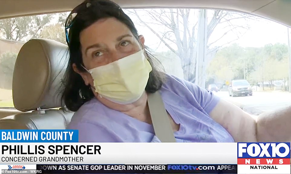 Diego Moreno, whose son goes to Fairhope West Elementary which goes up to sixth grade ¿ or 12 years old ¿ told reporters he had to take his son to the hospital. 'Yesterday, our son [had]  vomitted four or five times in the night, all the night. 'And today, we are going to the hospital ¿ and they told us that a lot of kids [are] sick right now.' Philis Spencer, whose grandchildren are at the school, also told reporters: '[This is] very alarming, very alarming. 'I've never experienced this in all the years that I've had my own children and these grandchildren so... very alarming indeed.' She was also filmed wearing a face mask as she rushed to the school to collect the youngsters.