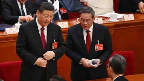 Xi Jinping and Li Qiang at the National People’s Congress in Beijing. There are real risks for prioritising security, technology and self-reliance over GDP growth