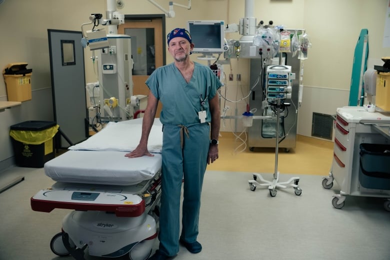 Surgeon standing in scrubs in an operating room.