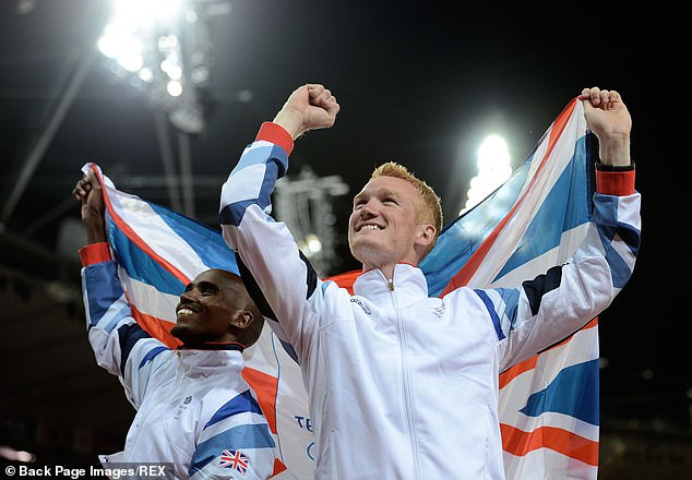 Greg is no stranger to gruelling training regimes as a former Olympian long jump star (pictured at the 2012 London games with Mo Farah)